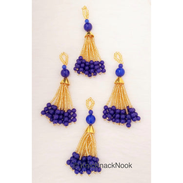 Blue and Gold Beads Tassels Latkan, Indian Latkans, Gold Beaded Danglers